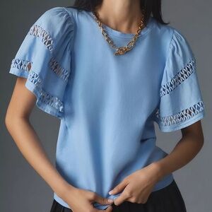 ANTHROPOLOGIE - NWT!! SELF CONTRAST FLUTTER-SLEEVE CUTWORK TOP - BLUE - MEDIUM